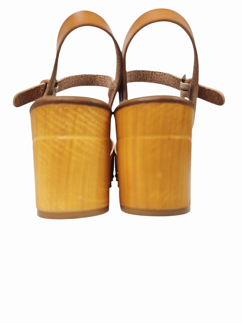 Women's Tan Woodgrain Look Laser-Cut Block Heel Sandals with Ankle Strap - Picture 8 of 16